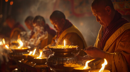 Tibetan Buddhist monks engaged in religious ceremonies and spiritual practices with flickering butter lamps and chanting mantras.