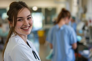 Obraz premium A young woman with a friendly smile, dressed as a medical professional, stands in a hospital with activity in the background