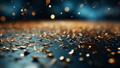 Background with sand, sparks and golden bokeh,futuristic design,lights on dark blue background with blurred bokeh background