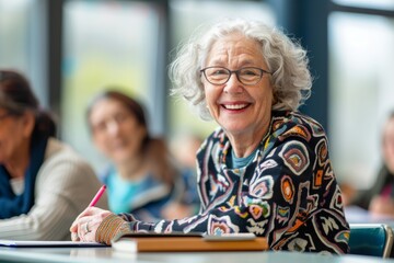 A happy senior woman with glasses smiles brightly in a classroom setting, surrounded by younger learners