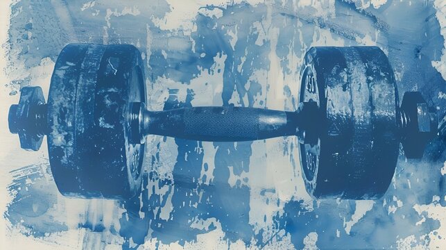 AI generated illustration of metal dumbbells in cyanotype photography technique