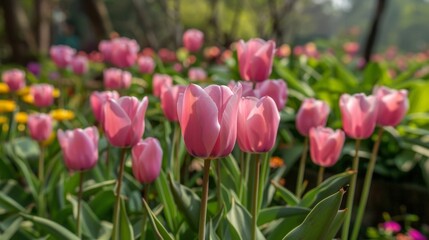 Pink tulips and yellow & pink flowers in garden