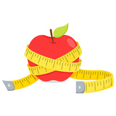 Isolated measuring tape on apple for healthy, food, diet, weight loss, workout, lifestyle, nutrition, healthcare , fitness, and more. Vector illustration