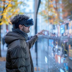 Man with a VR headset on touching a futuristic virtual interface on a street, showcasing outdoor augmented reality technology experience.