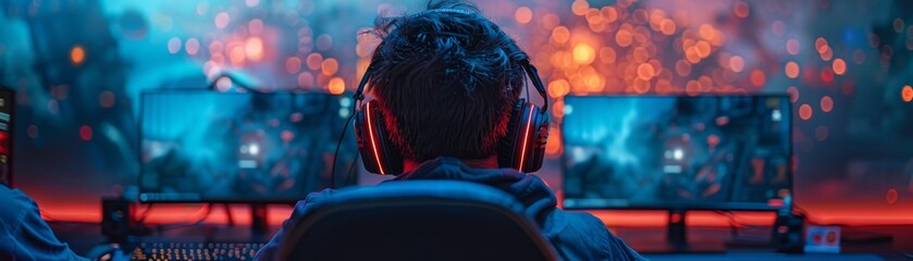 Rear view of an esports player wearing headphones, practicing on a computer in a gaming facility with dynamic lighting.