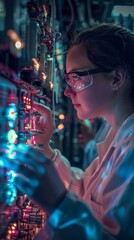 A focused female engineer in safety glasses is adjusting server hardware in a data center, surrounded by vibrant blue LED lights.