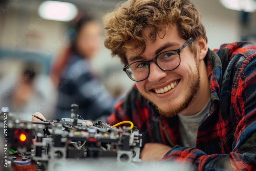 Aufkleber a focused young man wearing a checkered shirt is absorbed in constructing and testing electronic rob