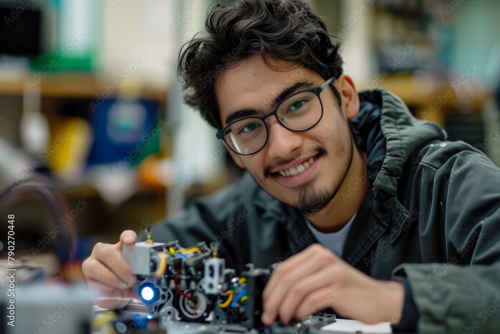 Aufkleber a studious young student engrossed in the hands-on learning process of a robotics assembly, embodyin