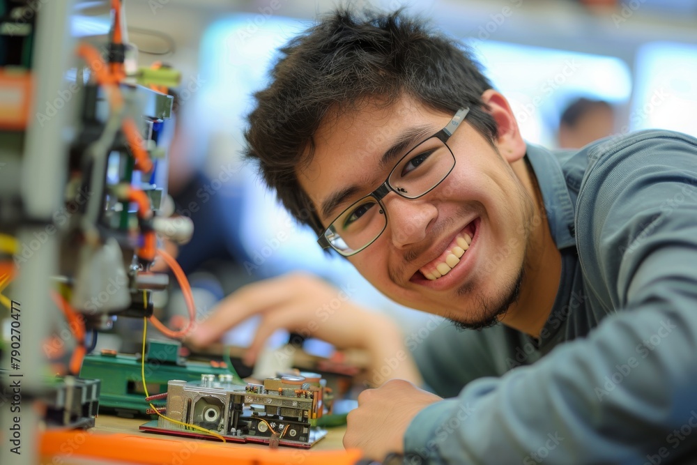 Aufkleber An individual deep in concentration works diligently assembling robot parts in a technological educational environment, exemplifying dedication and tech skills