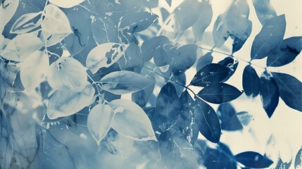 AI generated illustration of leaves in a detailed cyanotype style