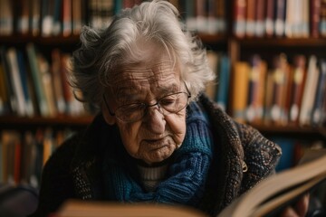 An elderly woman with glasses focused on reading a book, surrounded by a library background