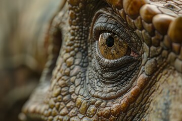 Extreme close-up macro photograph showcasing the intricate detail of a velociraptor model's eye