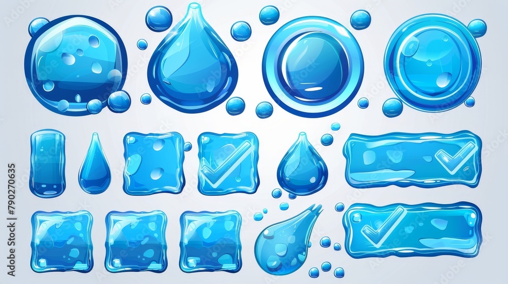 Poster an interface design set based on water with bubbles, check boxes, play, stop, and pause buttons, and
