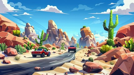 Racing cars on a road with cactus, rocks, and tumbleweeds in the desert. Modern illustration of racing in the desert with sand, mountains, and speedways.
