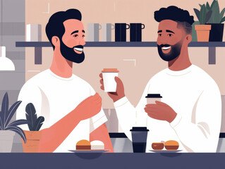 Fototapeta na wymiar Illustration of a smiling barista in a coffee shop handing over a sealed cup to a happy customer.