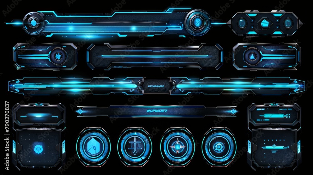 Poster ui elements for a game hud with buttons and blue border. modern futuristic design of game gui elemen