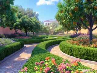 A garden with a brick path and a row of bushes. The bushes are trimmed and green, and there are many flowers in the garden. Scene is peaceful and serene, with the bright colors of the flowers