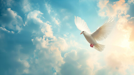 white dove flying in a sky with clouds - obrazy, fototapety, plakaty