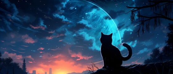 A cat is sitting on a fence and looking at the night sky. There are stars, a moon, and clouds in the sky. The cat is black and the sky is blue. - obrazy, fototapety, plakaty