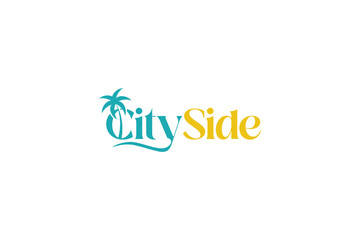 Tropical beach vibe logo, city side with palm tree