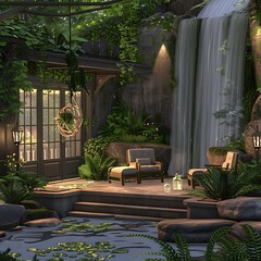 cascading waterfall, lush foliage, and cozy seating arrangements, with classic doors seamlessly...