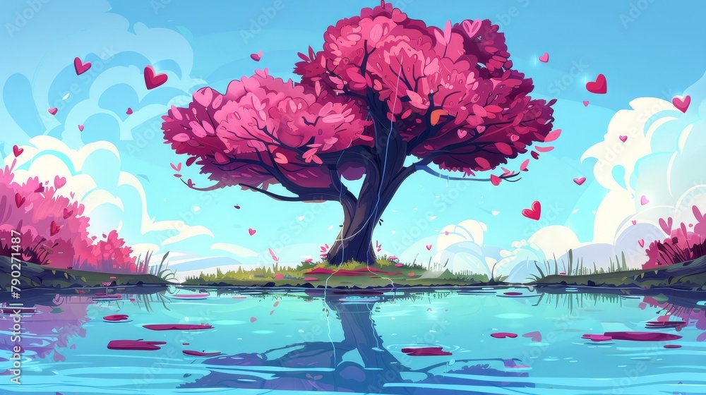 Aufkleber a fantasy tree with a heart-shaped crown in a forest pond. modern parallax background for 2d games.