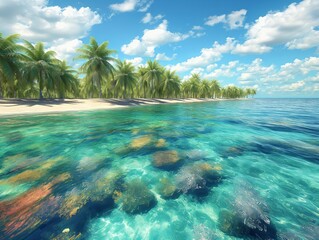 A beautiful blue ocean with a few palm trees in the background. The water is clear and calm, and the sky is filled with fluffy white clouds. The scene is serene and peaceful