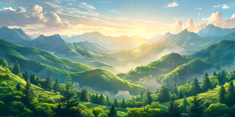 Beautiful morning in the green alpine mountains, environment protection landscape concept.