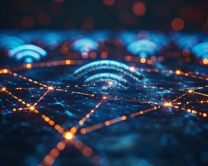 A glowing Wi-Fi icon on a circuit board represents wireless communication and internet connectivity technology.