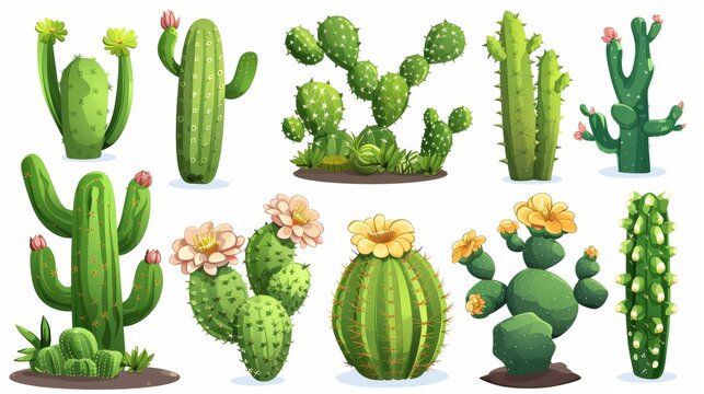 An illustration of green prickly cacti and houseplants with blossoms and spikes, isolated on white background. Cactaceae houseplants and garden plants with flowers.