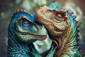 Two detailed model dinosaurs captured in a moment that showcases a tender, gentle interaction displaying affection, almost human-like emotions
