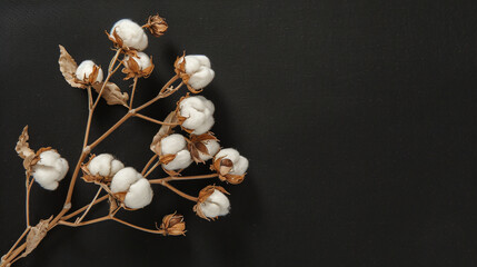 Beautiful cotton flowers branch on black background with copy space