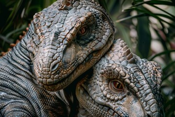 Obraz premium An evocative close-up of two alligators displaying dominance and companionship among lush greenery