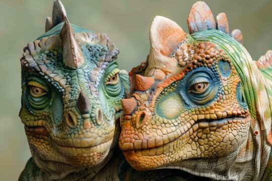 This image depicts two brightly colored dinosaur models with playful expressions, suggesting a jovial interaction between ancient creatures
