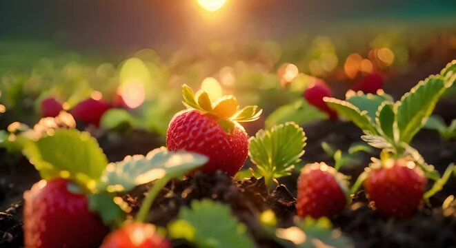 strawberry plants under the sky exposed to morning sunlight