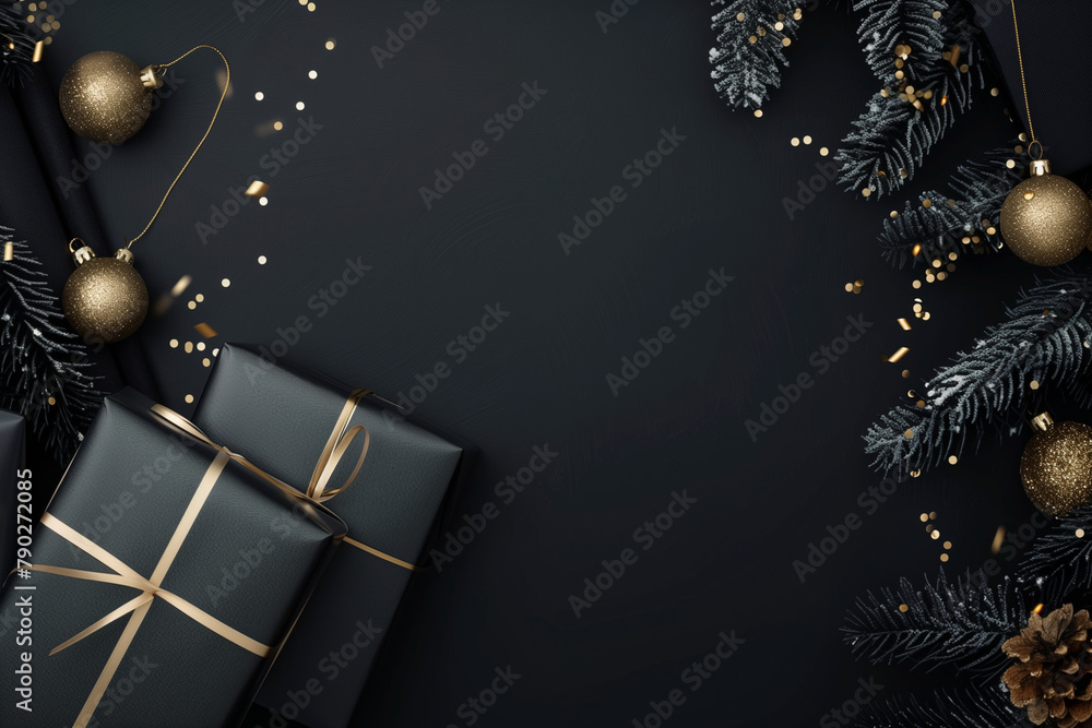 Poster a black background with gold glitter and a bunch of black boxes with gold ribbons. the boxes are all