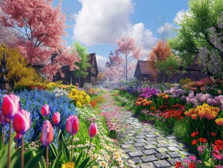 A colorful garden path with a brick walkway leading to a house. The flowers are in full bloom, creating a vibrant and cheerful atmosphere - obrazy, fototapety, plakaty