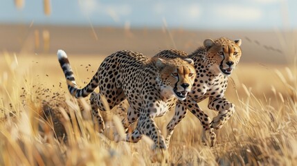 A pair of sleek cheetahs sprinting across the African savanna in pursuit of elusive prey, their lithe bodies moving with effortless speed  - obrazy, fototapety, plakaty