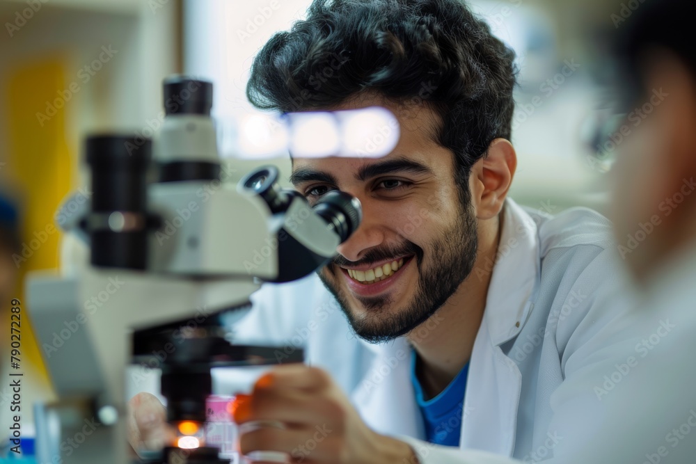 Poster a smiling male scientist using a microscope in a scientific lab with professional equipment visible