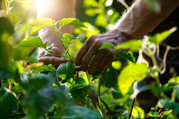 focused hands of a garden worker carefully pruning foliage, set against a backdrop of lush greenery and sunlight streaming through leaves, creating a mesmerizing atmosphere of tran - obrazy, fototapety, plakaty