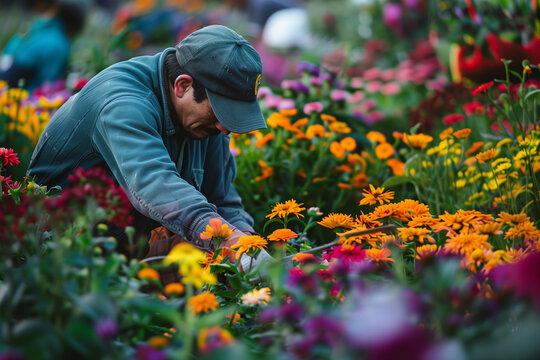 close-up photo a garden worker delicately trimming plants, with a mesmerizing background of vibrant flowers in bloom, showcasing the harmony between human intervention and natural