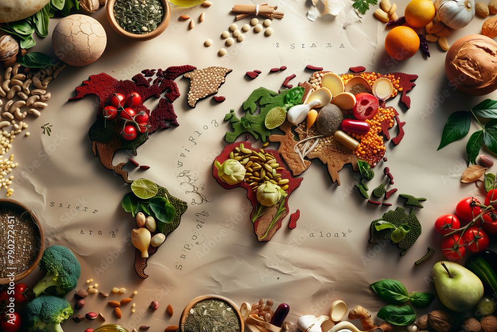 Poster a map of the world is covered with various fruits and vegetables. the idea behind this image is to s