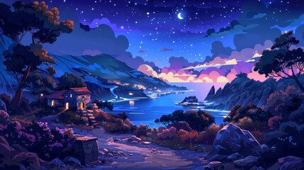 Under a starry sky, panoramic illustration of a Mediterranean landscape with stone houses, an illuminated curve road, mountains, trees, flowers, and trees.