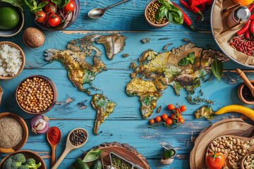 Fototapeta na wymiar A map of the world is surrounded by a variety of food items, including vegetables, fruits, and spices. Concept of abundance and diversity, as well as the idea of global cuisine