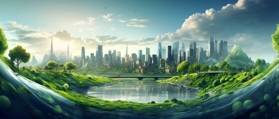 A beautiful painting of a futuristic city with a river running through it and green hills in the background.