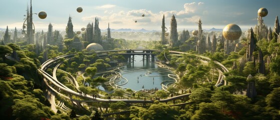A beautiful painting of a futuristic city with green parks and a river running through it. The city is surrounded by mountains and there are large golden spheres floating in the sky. - obrazy, fototapety, plakaty