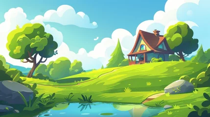 Meubelstickers House on hill with pond, green grass, and trees. Modern cartoon illustration of countryside landscape with small cottage with porch and lake in summer or spring. © Mark