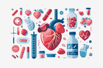 A colorful drawing of a heart surrounded by various medical items such as pills, syringes, and bottles. Concept of health and wellness, emphasizing the importance of taking care of one's heart