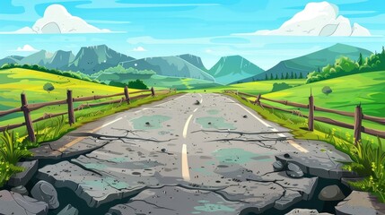 In this modern cartoon illustration, there is an old broken road with pits and cracks in the asphalt and in the concrete fence. There are green fields on the horizon, as well as mountains in the - obrazy, fototapety, plakaty