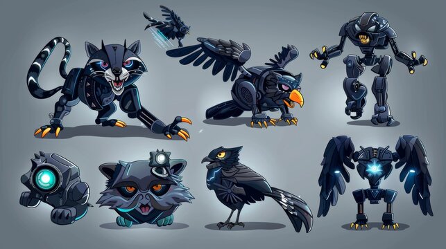 Angry robotic animals, panther, owl, eagle, raccoon, and boar robots. Modern cartoon set of futuristic angry pets cyborgs, black mechanical warthogs, leopards, and birds isolated on gray.